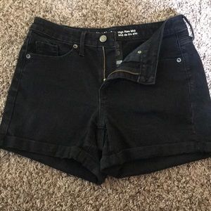 High Rise Black Denim Midi Shorts
